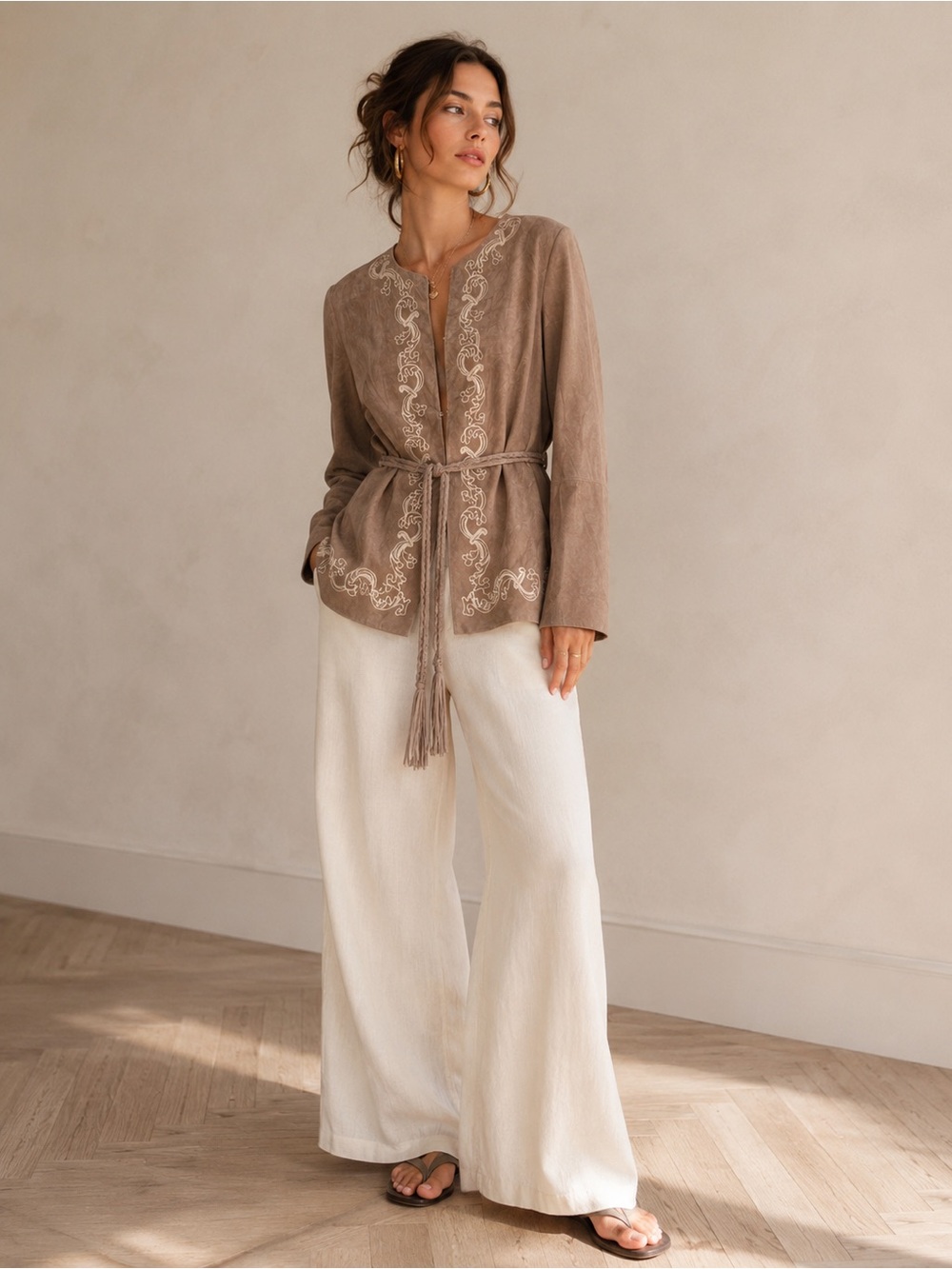 Cabo Taupe Embroidered Suede Leather Jacket with Braided Tie Belt | Small